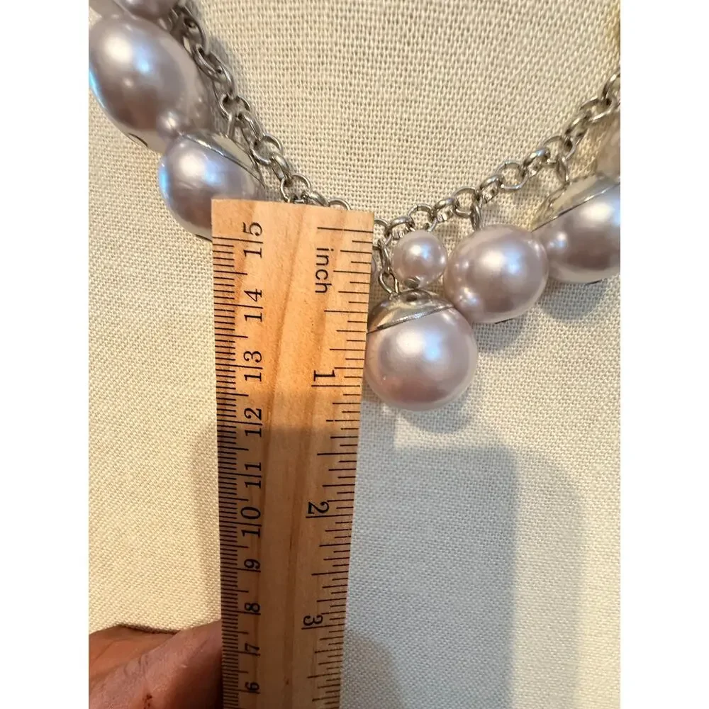 Vintage Silver Tone Faux Pearl Charm Statement Necklace